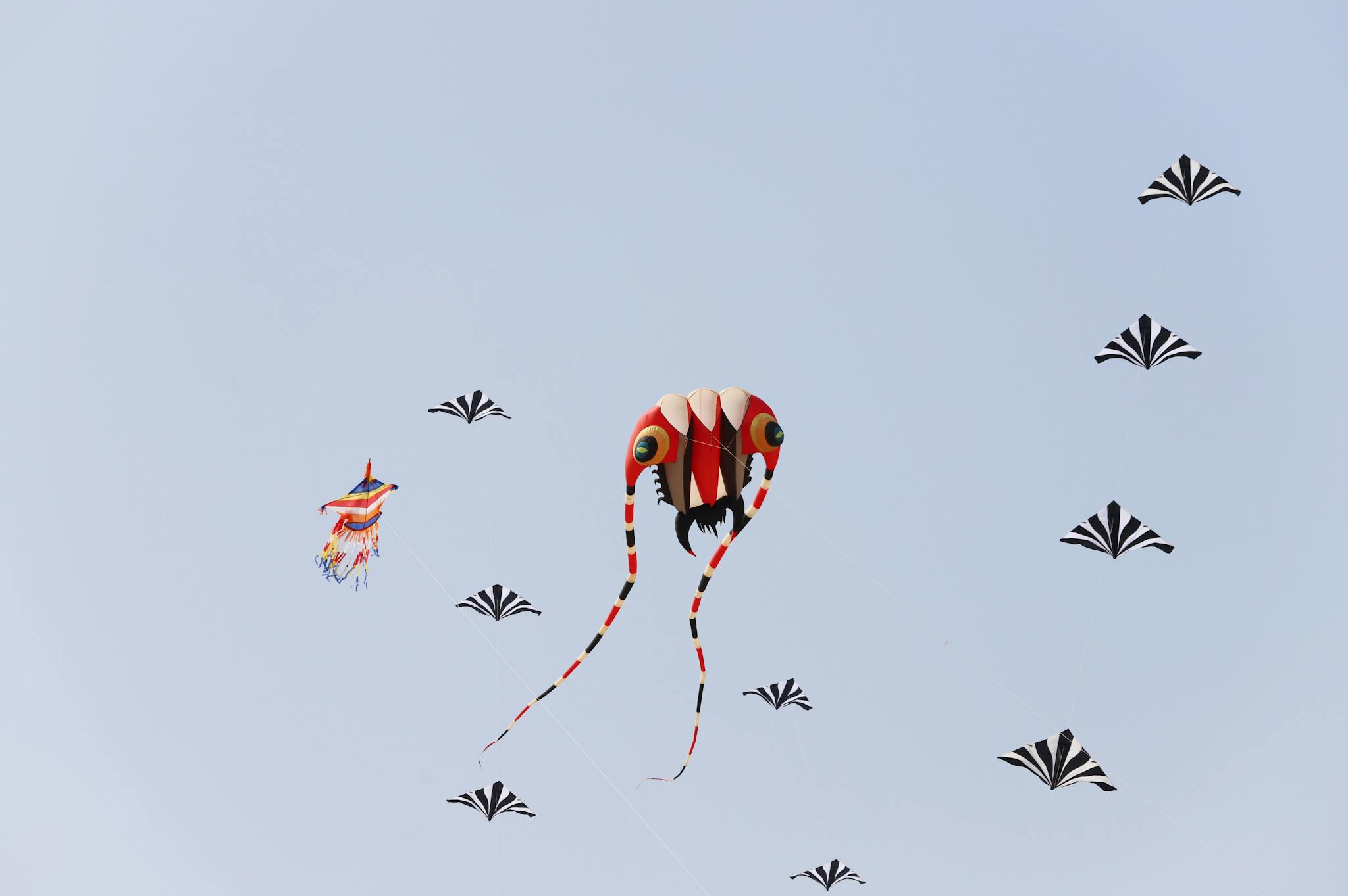 Vibrant animal-themed kites soaring high in a clear blue sky, perfect for outdoor recreation themes.